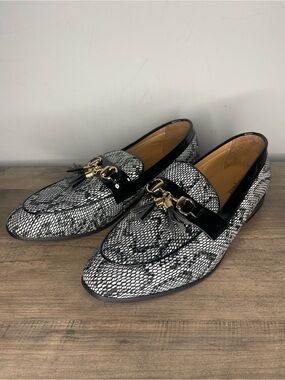 MEIJIANA Men's Black & White Snakeskin Print Horsebit Tassel Loafers (11)